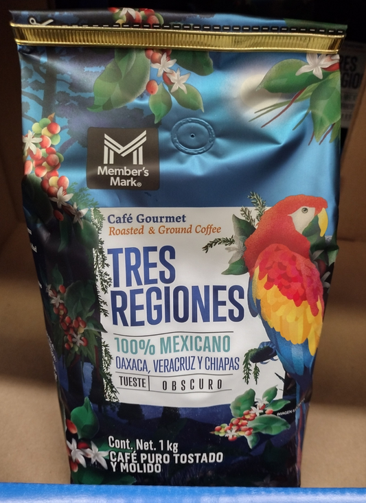 MEMBERS MARK TRES REGIONES GROUND ROASTED COFFEE / CAFE TRES REGIONES TUESTE OBSCURO - BIG 1 KILO BAG - FREE SHIPPING