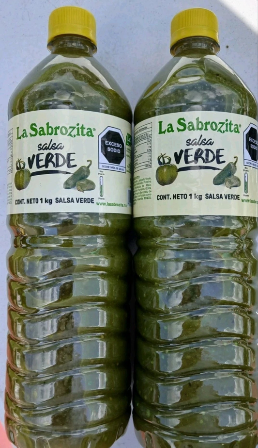 LA SABROZITA SALSA VERDE  MEXICANO / GREEN MEXICAN SALSA - 2 BIG BOTTLES OF 1 KILO (35.3 ounces)EACH - FREE SHIPPING