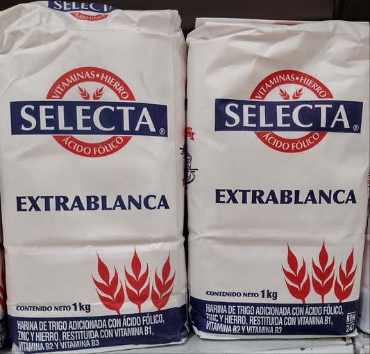 4X SELECTA HARINA EXTRA BLANCA DE TRIGO / EXTRA WHITE WHEAT FLOUR - 4 BAGS OF 1 KILO (35.3 oz ) EACH - FREE SHIPPING