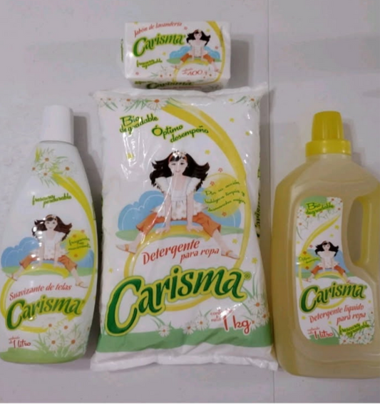4X CARISMA DETERGENTE LIQUIDO , 1 BOLSA DE POLVO , 1 SUAVIZANTE 1 JABON BARRA