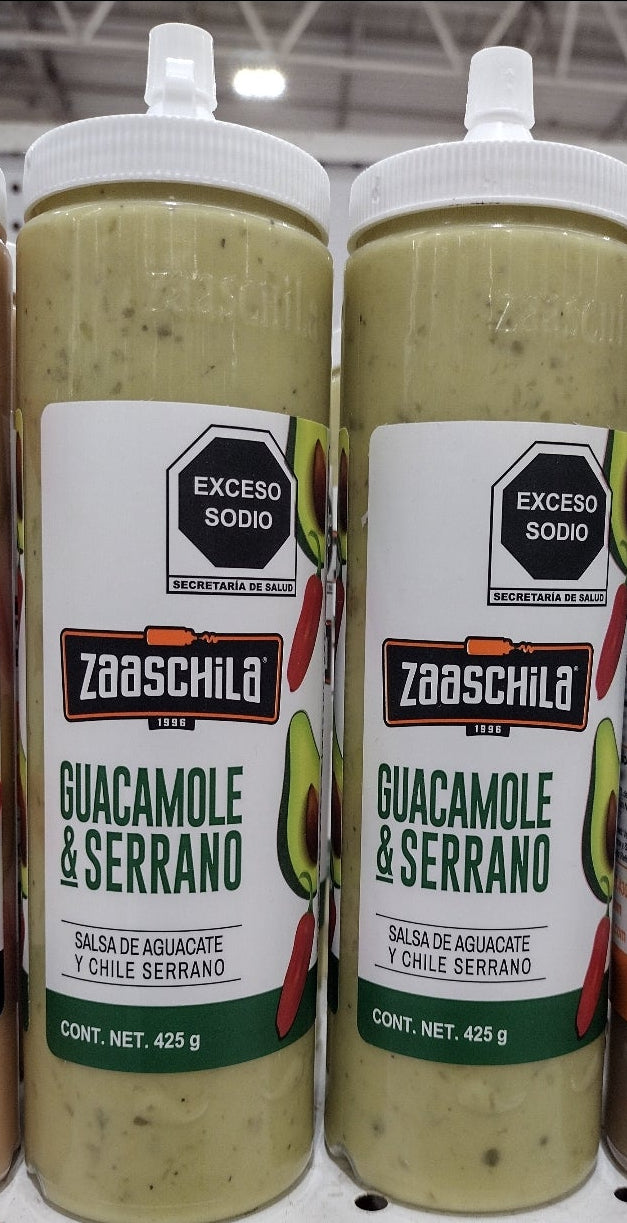 2X ZAASCHILA GUACAMOLE Y CHILE SERRANO SALSA / GUACAMOLE AND SERRANO CHILI SALSA - 2 BIG BOTTLES 15oz EACH - FREE SHIPPING
