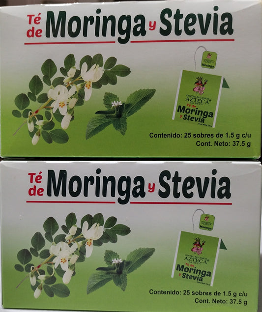 AZTECA TE DE MORINGA Y STEVIA - 2 CAJAS DE 25 SOBRES CADA UNA - 2 BOXES OF 25 TEA BAGS EACH - FREE SHIPPING