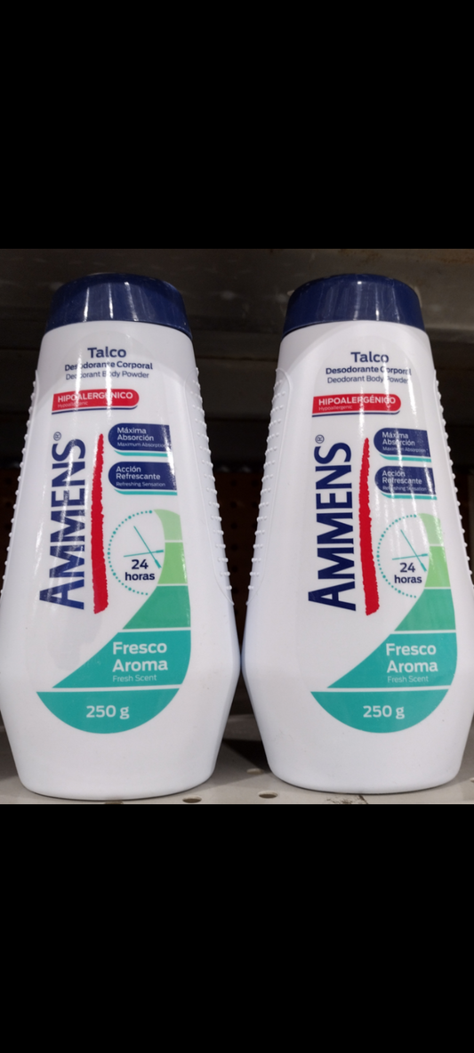 2X AMMENS TALCUM POWDER FRESH AROMA / TALCO AROMA FRESCA  - 2 CONTAINERS OF 250g EACH - FREE SHIPPING!