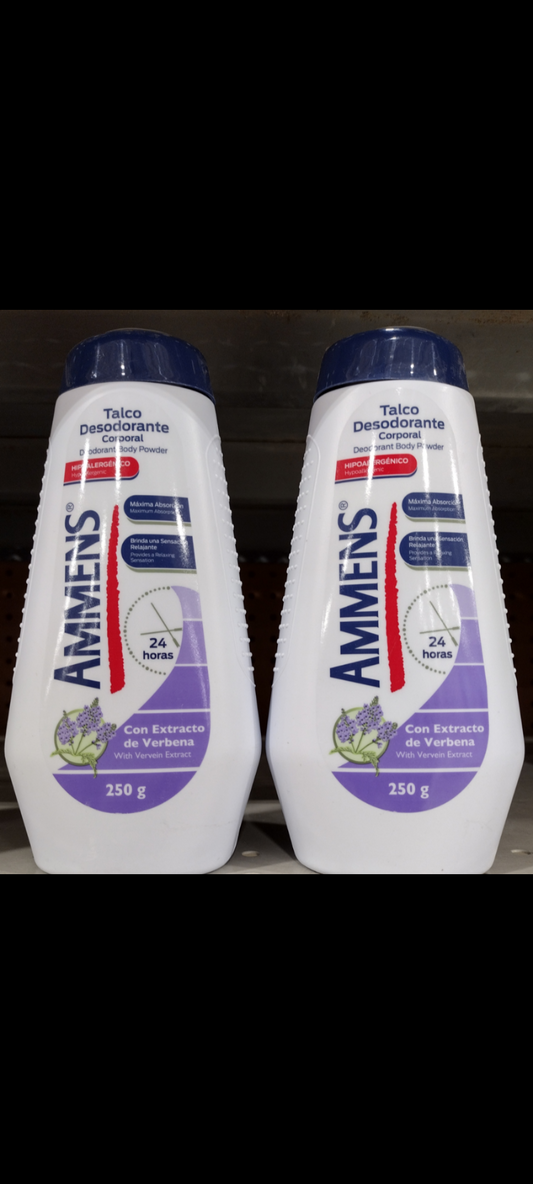 2X AMMENS TALCUM POWDER WITH VERVAIN EXTRACT - 2 CONTAINERS OF 250g EACH - FREE SHIP