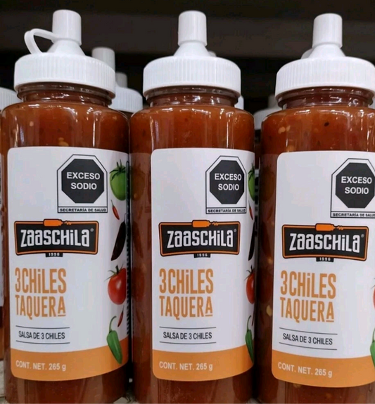 ZAASCHILA 3 CHILES SALSA TAQUERA / 3 PEPPERS TACO SALSA - 3 Bottles 9.4oz Each - Free Shipping