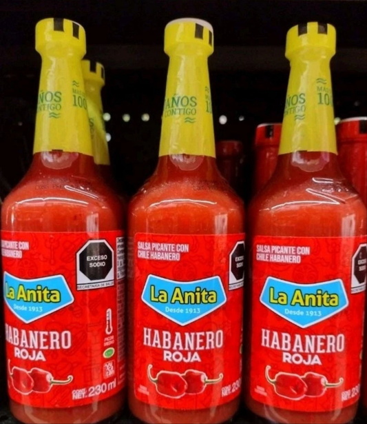 LA ANITA HABANERO ROJO SALSA MEXICANO / RED HABANERO MEXICAN SALSA - 3 BIG BOTTLES OF 230ml EACH - FREE SHIPPING