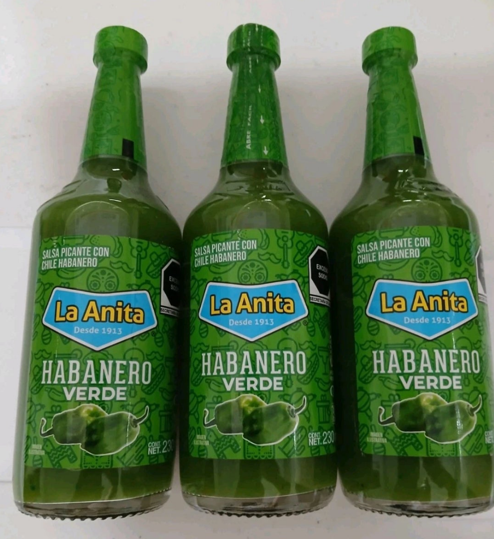 LA ANITA HABANERO VERDE SALSA MEXICANO / GREEN HABANERO MEXICAN SALSA - 3 BIG BOTTLES OF 230ml EACH - FREE SHIPPING