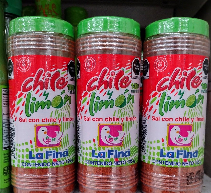 LA FINA CHILE Y  LIMON CHAMOY POLVO / CHILI AND LIME POWDER - 3 BOTTLES OF 125g EACH - FREE SHIPPING