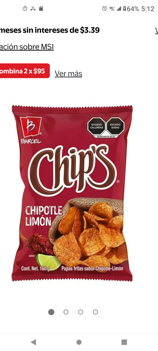 BARCEL CHIPOTLE LIMON PAPAS FRITAS / MEXICAN POTATO CHIPS WITH CHIPOTLE AND LIME - 2 BIG  BAGS OF 160g EACH - FREE SHIPPING