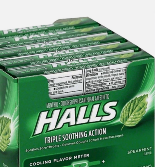 4X HALLS SPEARMINT ( Yerbabuena ) COUGH DROPS - 4 BOXES Of 12 ROLLS PER BOX - FREE SHIPPING